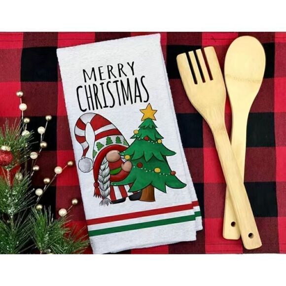 NWT Set Of 2 Holly Jolly Christmas Santa Gnome Kitchen Hand Towels - Picture 2 of 4